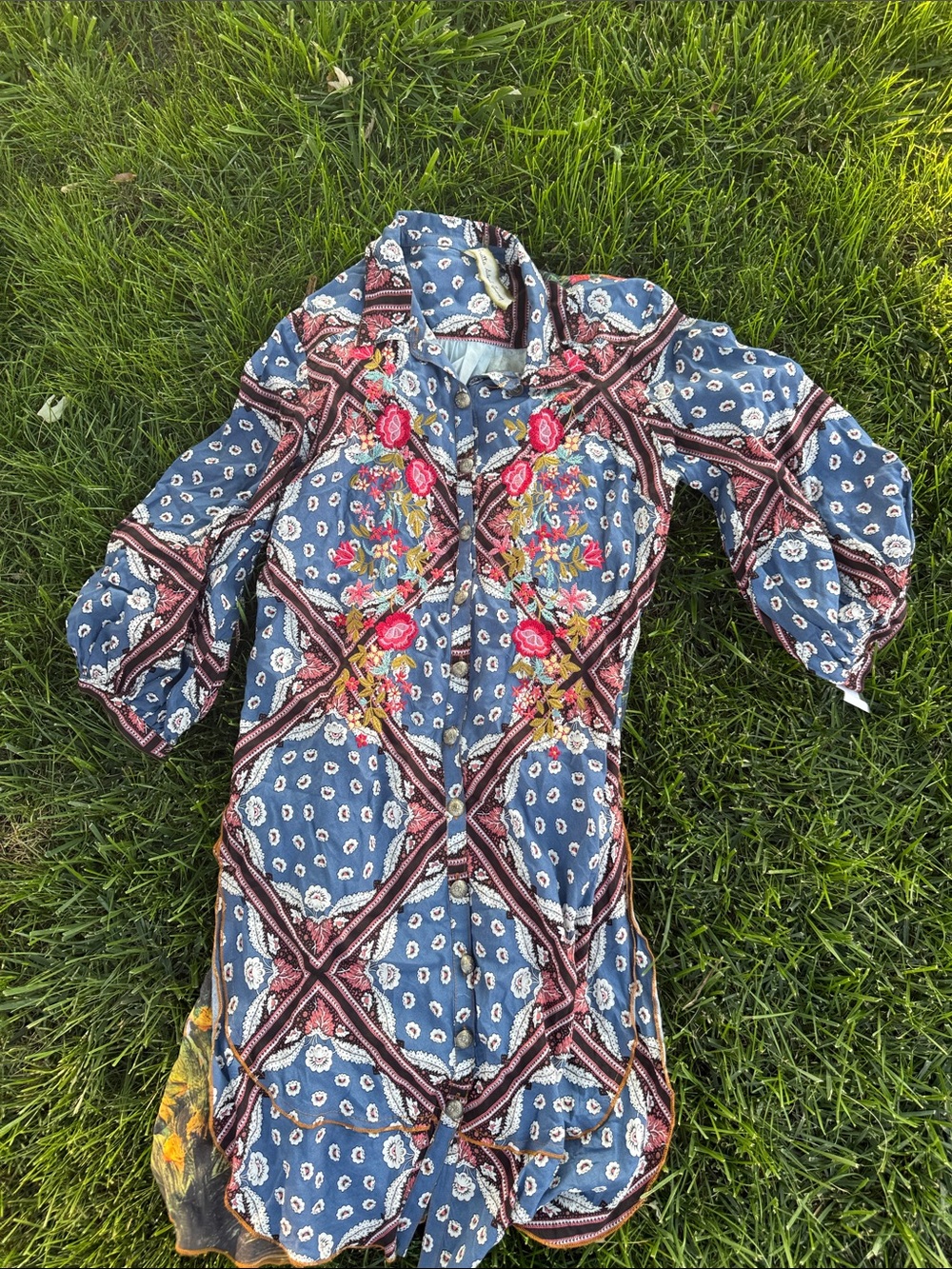 Boho anthropology Blue Embroidered Floral Button-Front tunic